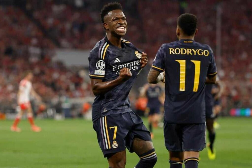 Vinicius Jr celebra uno de sus goles con el Real Madrid ante el Bayern