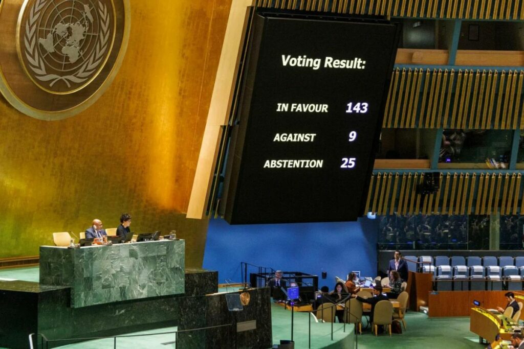 Vista de la votación en la Asamblea General de la ONU sobre la integración de Palestina como Estado de pleno derecho del organismo en Nueva York, EE.UU.