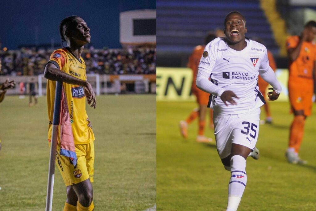 Allen Obando (izq) de Barcelona y Jairón Charcopa (der.) de Liga de Quito