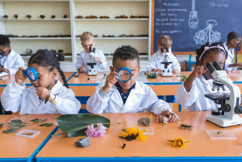 Niños y niñas explorando las plantas y animales con una lupa y microscopios.