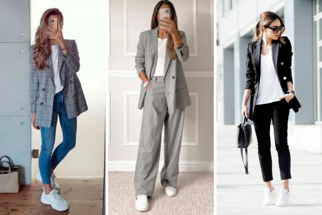 Outfit de oficina con sneakers blancos